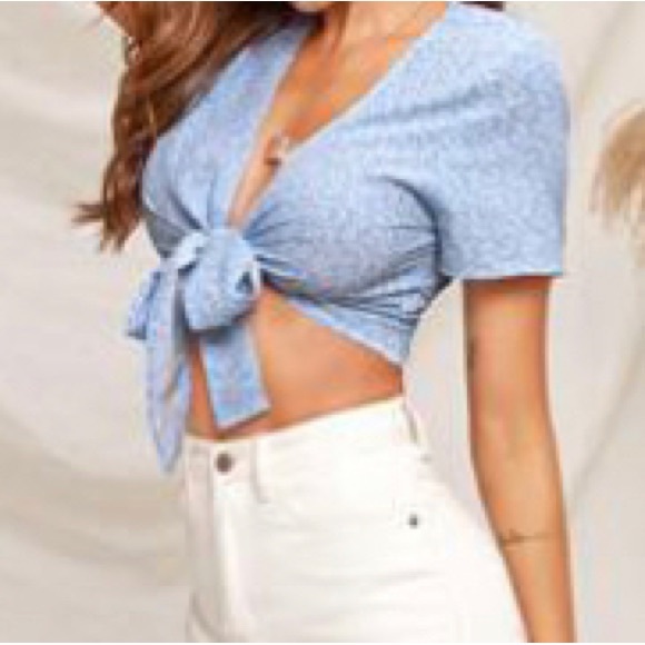 SHEIN Tops - Shein Floral Print Front Tie Crop Top Size S Baby Blue